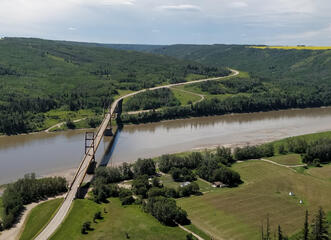 The Dunvegan suspension bridge, viewed from the top of the valley.